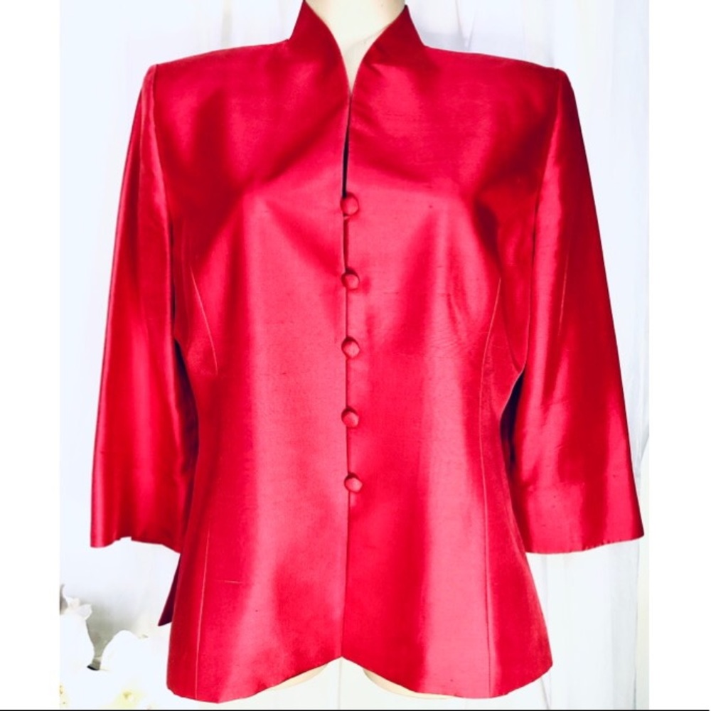 Red jacket and white embroidered silk pant suit